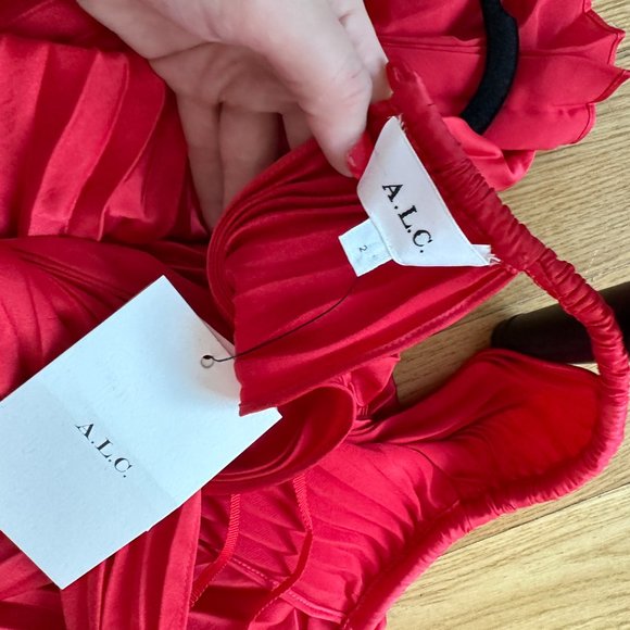 A.L.C. Renzo II Asymmetric Pleated Midi-dress Red Halter Neckline Smocked NWT - Picture 3 of 12